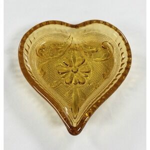Vintage 70s Indiana Glass Amber Tiara Daisy Heart Dish Ashtray Jewelry Ring Tray